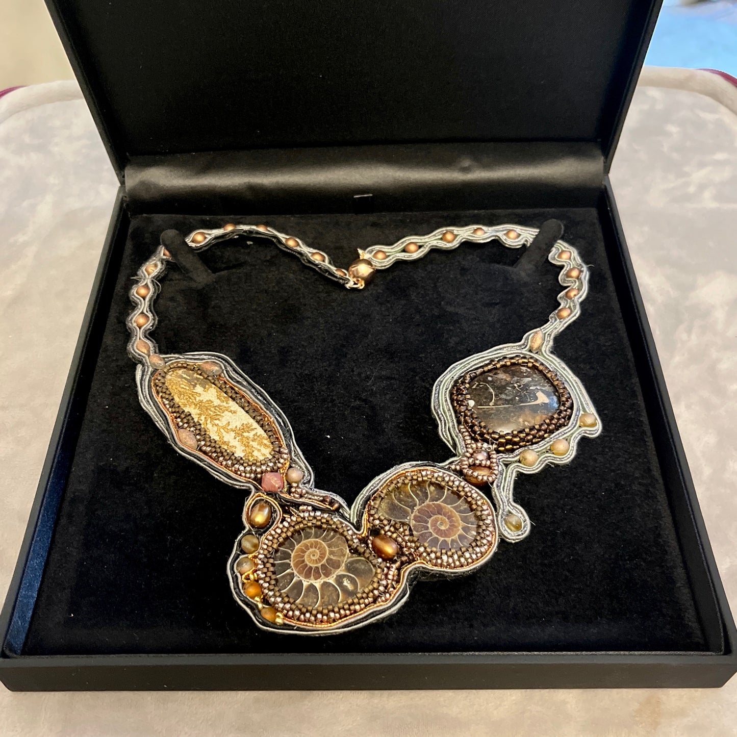Ammonite statement necklace with soutache