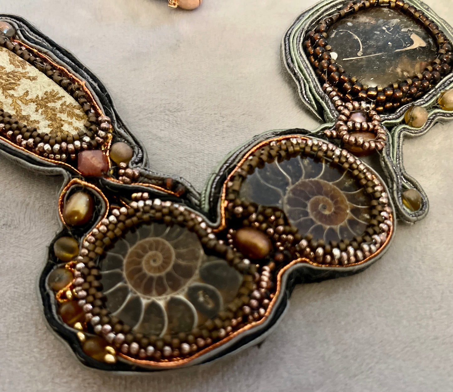 Ammonite statement necklace with soutache