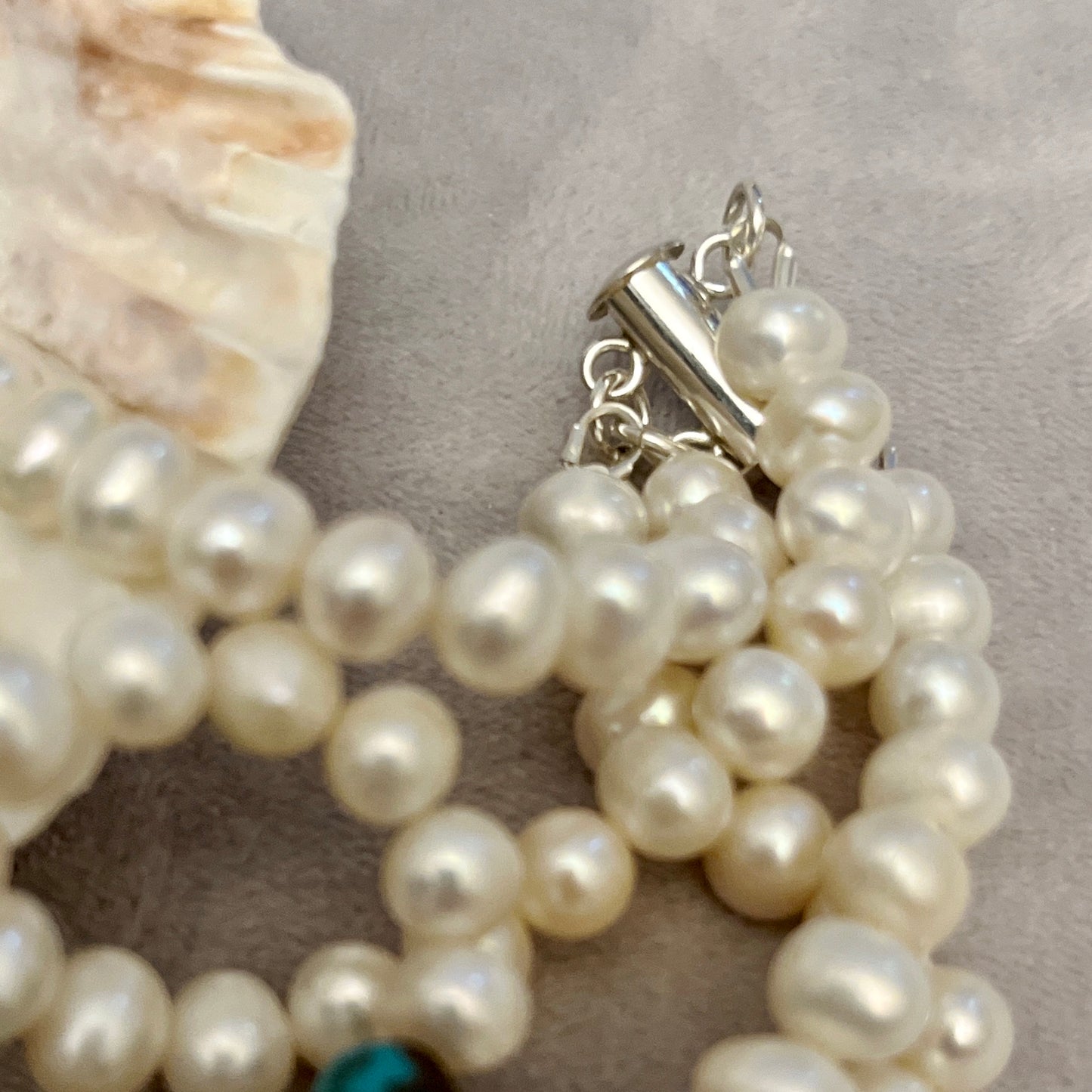 Double stranded cultured pearl and turquoise necklace and earrings set.