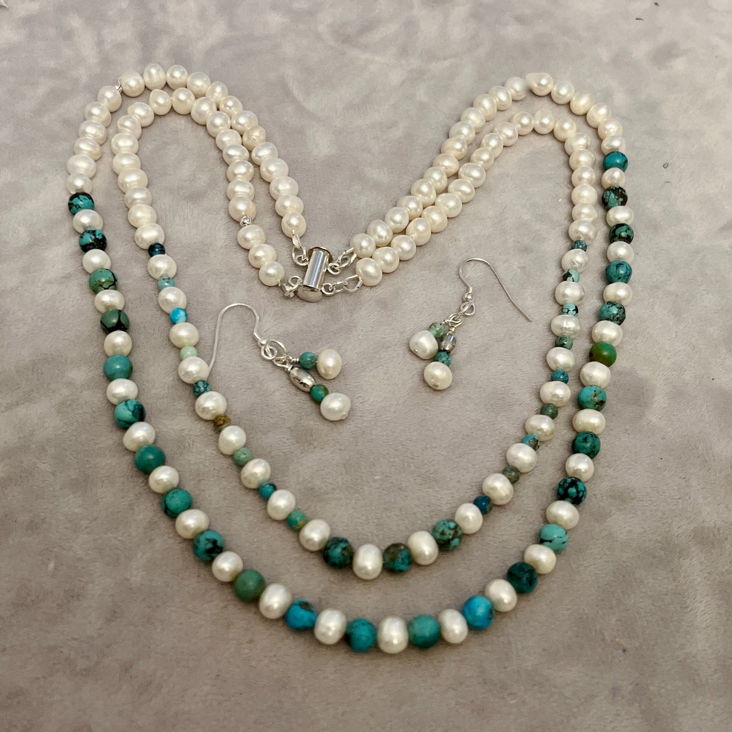 Double stranded cultured pearl and turquoise necklace and earrings set.