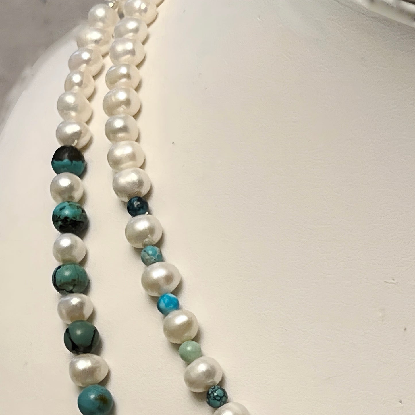 Double stranded cultured pearl and turquoise necklace and earrings set.